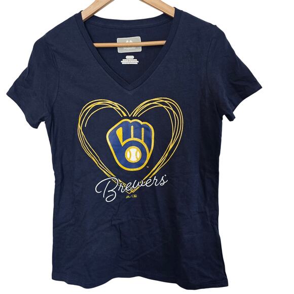 MLB Majestic Milwaukee Brewers Shirt Women Sz Small Blue Baseball Heart Game Day - Picture 1 of 6